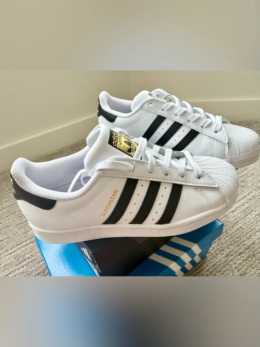 adidas White/Black Superstar Leather Sneaker with Gold Accents